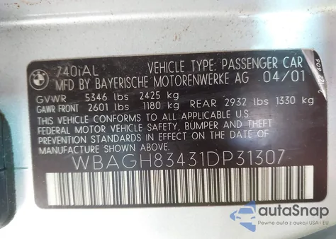 2001 BMW 740Il z USA, uszkodzony, nr VIN WBAGH83431DP31307